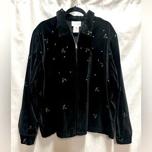 Quacker Factory Black Velvet Christmas Holly Zip Up Jacket XL Ugly Christmas